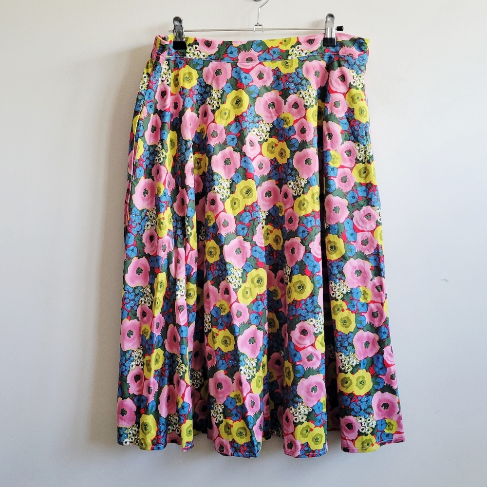 Floral Midi Skirt in Pink, Yellow & Blue